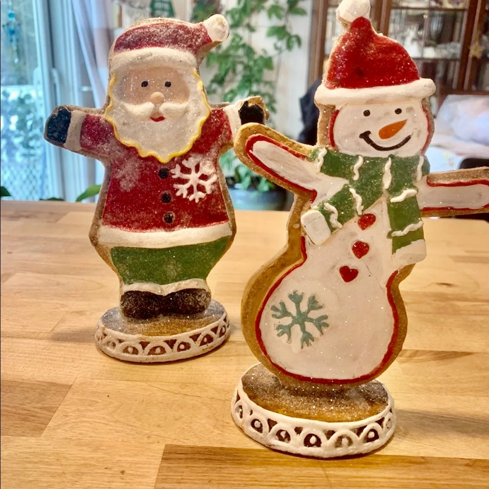 Ceramic Santa Claus and snowman gingerbread man decor with flocked snow